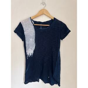 Gilda Midani Brush Stroke Asymmetrical Navy Cotton T-Shirt - Small